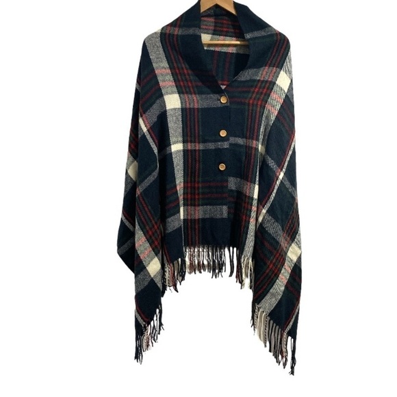 Plaid poncho like new button & fringe detail one‎ size fits most - Picture 1 of 4